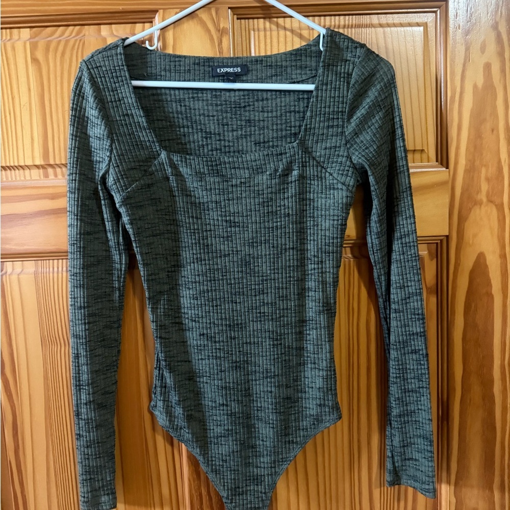 Express Olive Green Ribbed Long Sleeve Square Neck Bodysuit